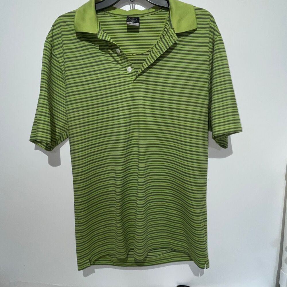 Nike Golf Dri-FIT UV Polo Shirt Mens Medium Green Striped Short Sleeve Swoosh